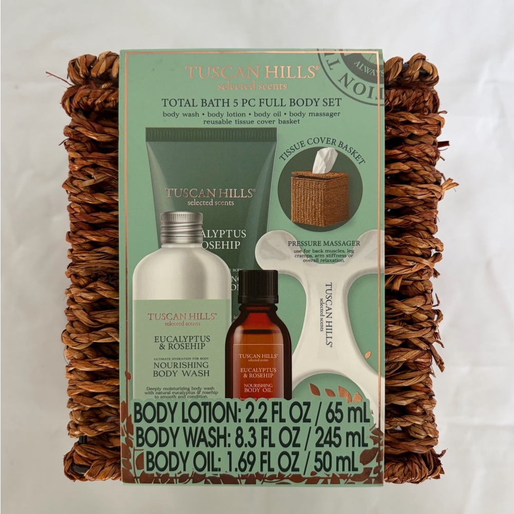 Tuscan Hills Body Care Wicker Basket 5Pc Eucalyptus & Rosehip - Lotion Wash Oil